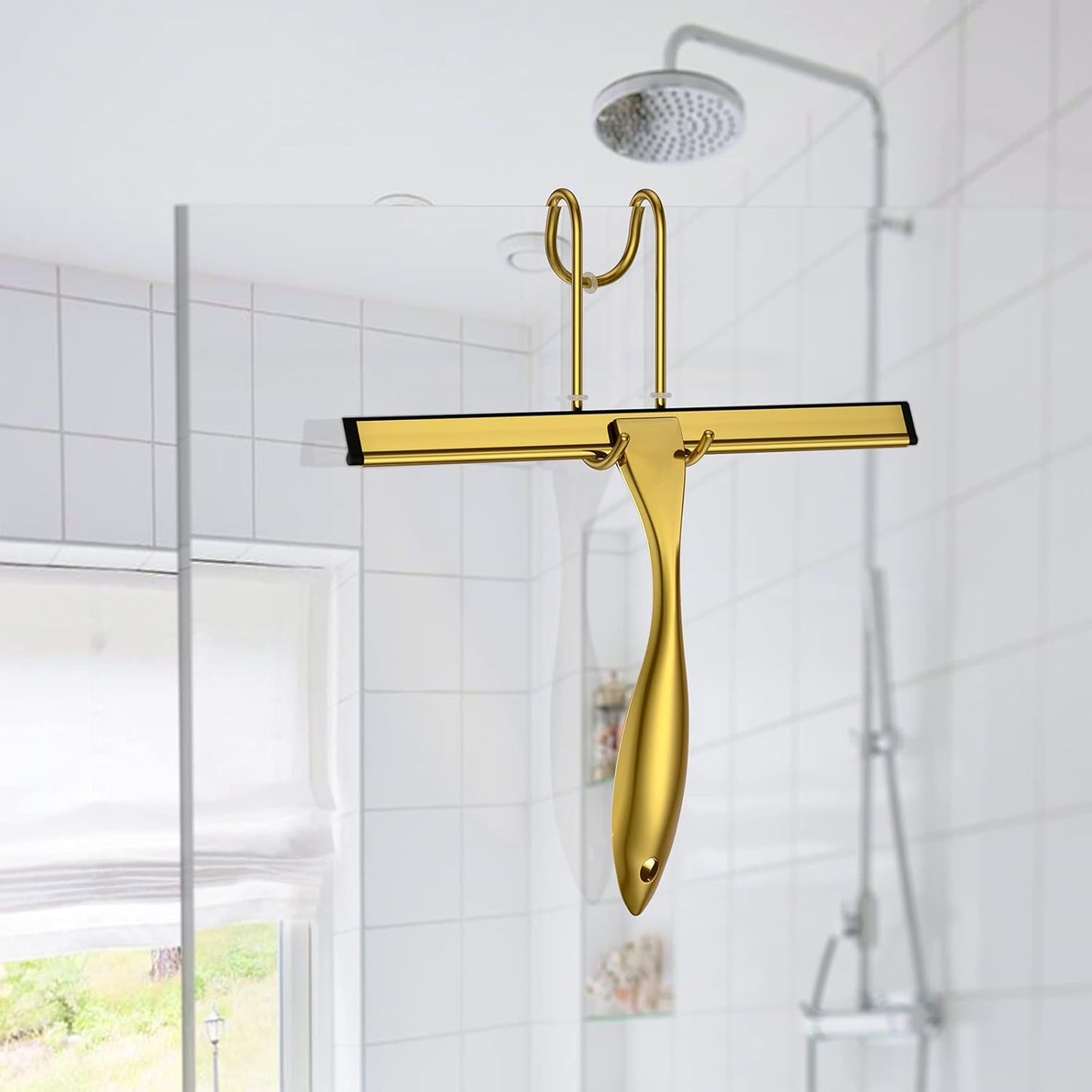 Shower Squeegee for Glass Door 12-Inch Stainless Steel Bathroom Squeegee Window Wiper, 100% Streak-Free, Includes Shower Door Hook and Adhesive Hook, for Window Mirror Tiles Car All-Purpose Squeegee