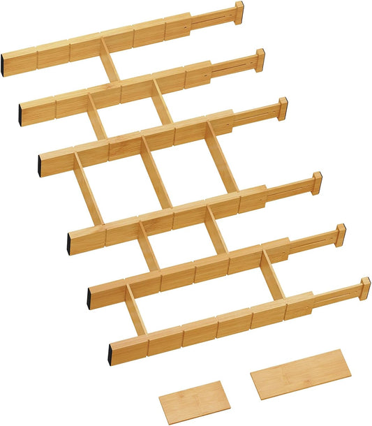 6 Pack Bamboo Drawer Dividers with 12 Inserts, Expandable Adjustable Clothes Drawer Organizers and Storage from 17" to 22" for Kitchen, Bedroom, Dresser, Cosmetics (Natural)