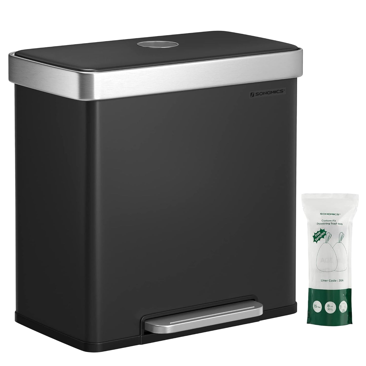 SONGMICS Kitchen Trash Can, 16 Gallon (2 x 8 Gallon) Dual Compartment Garbage Can, 60L Pedal Recycling Bin, Stays Open and Soft Close, Stainless Steel, 15 Bags Included, Ink Black ULTB202B01