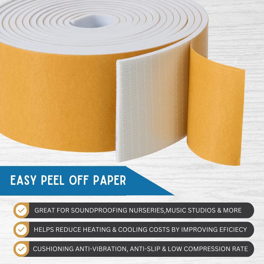 High Density Foam Weather Stripping Door Seal Strip Insulation Tape Roll for Insulating Door Frame, Window, Air Conditioner | Self Adhesive Sealing Weatherstrip (3 in x 1/8 in x 10 Ft, White)