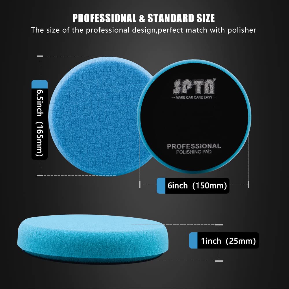 Blue Polish Pad, Buffing Polishing Pads, SPTA 1Pc 6.5 Inch Face for 6 Inch 150mm Backing Plate Compound Buffing Sponge Pads for Car Buffer Polisher Compounding, Polishing and Waxing -FPTSS6B