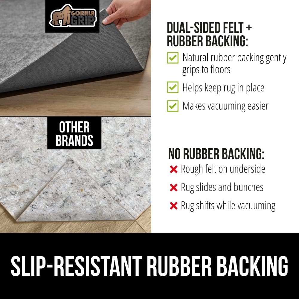 GORILLA GRIP Felt and Natural Rubber Stay in Place Slip Resistant Rug Pad, 1/8in Thick, 5x8 FT Protective Padding Under Area Rugs, Cushioned Gripper Pads, Carpet Runners, Hardwood Floors Protection