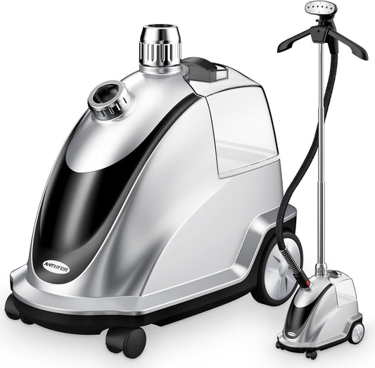 Anthter Steamer for Clothes, 1500W Powerful Standing Garment Steamer with Roll Wheels, 2.4L Water Tank for 90 Mins Continuous Steaming, 35s Fast Heat-up (Silver)