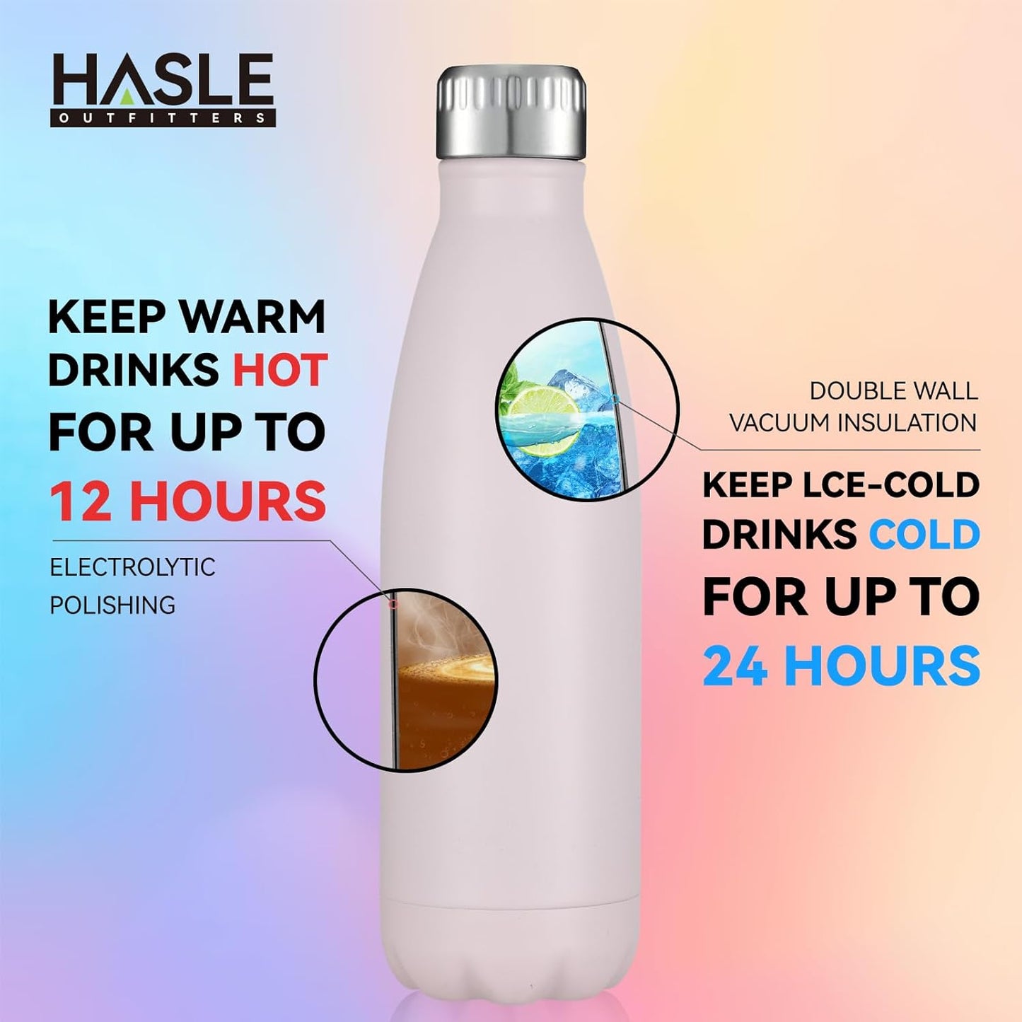 HASLE OUTFITTERS 17oz Stainless Steel Water Bottles Bulk, Vacuum Insulated Water Bottles Double Walled Powder Coated Reusable Metal Sports Water Bottles Keep Drinks Hot and Cold,Pink, 8Packs