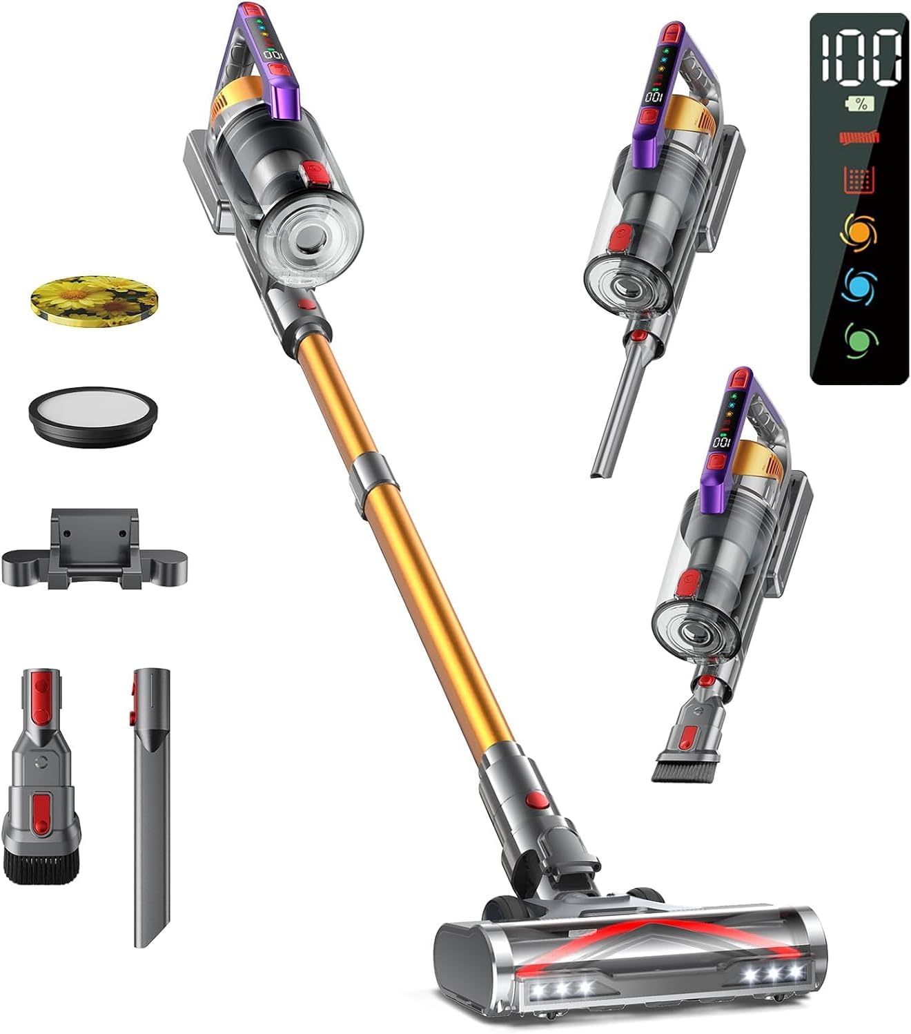 Cordless Vacuum Cleaner, 580W 48KPA 70Mins Vacuum Cleaners for Home, Self-Standing Stick Vacuum with Aromatherapy & LED Display Screen, Stick Vacuum Cordless Rechargeable for Pet Hair/Carpets (Gold)