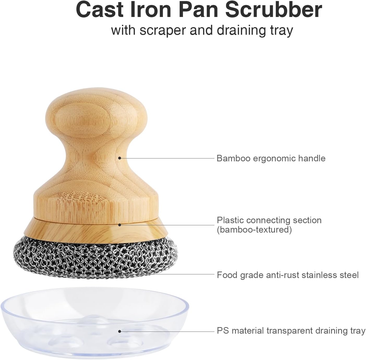 Cast Iron Scrubber and Scraper,Chain Mail Cleaner with Bamboo Handle & Draining Tray,316 Stainless Steel Brush for Cleaning Pots,Pans,Wok,Bakeware,Griddles, Grills(Small Chainmail,2pcs)