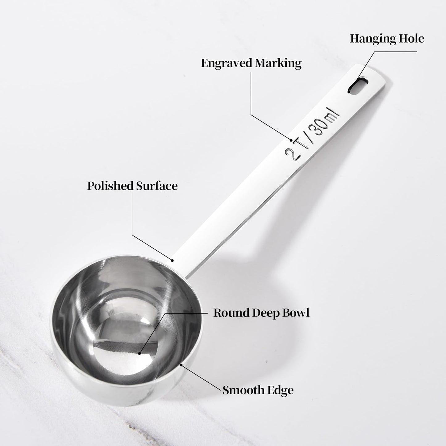 Long Handle Coffee Scoop: 18/8 Stainless Steel 5.98 Inch 2 Tablespoon Metal Measuring Spoon Tbsp Scoop for Coffee Beans, Grounds Coffee, Coffee Powder, Tea, Tall Jars (2Tbsp/30ml)