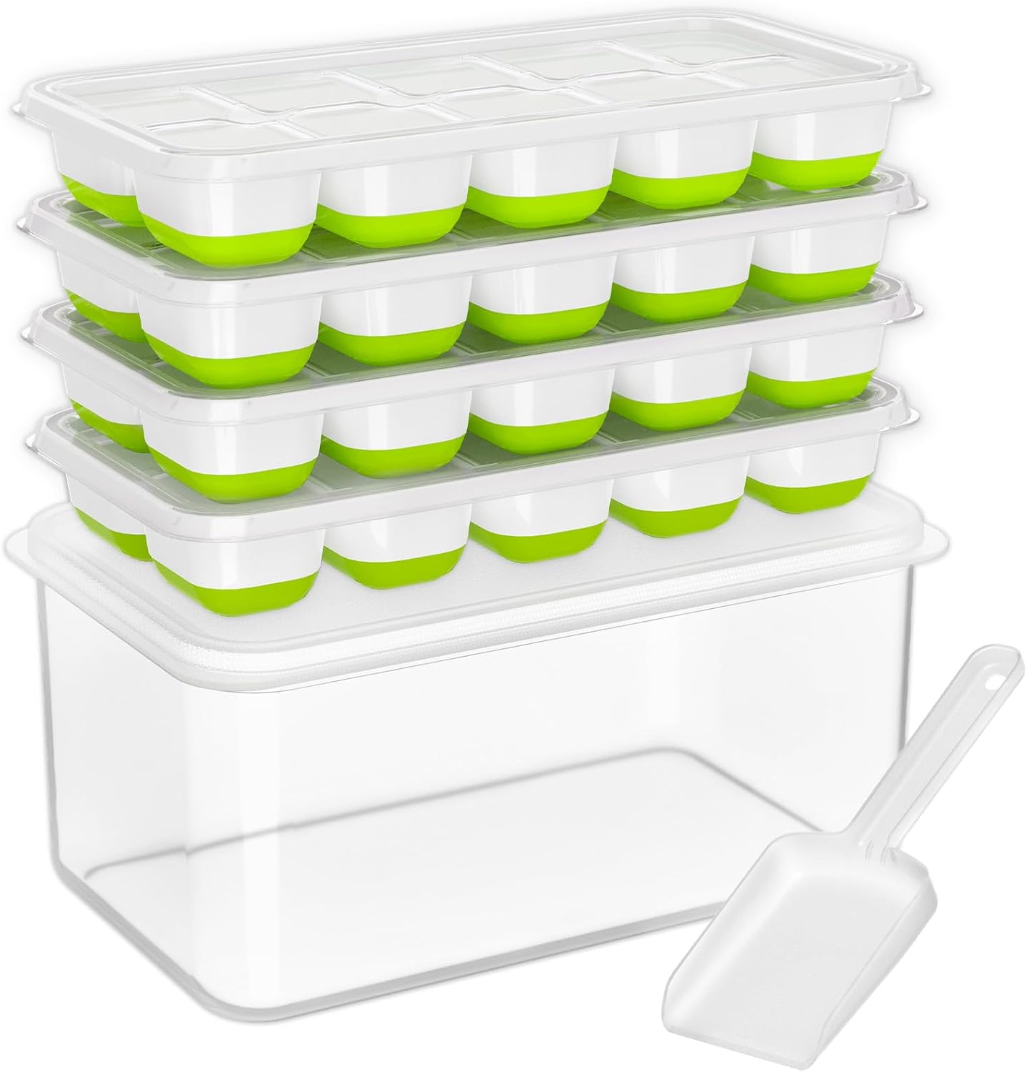 DOQAUS Ice Cube Tray with Lid and Bin, 4 Pack Silicone Plastic Ice Cubes Trays for Freezer with Box/Container, Stackable with Storage Iced Bucket Kits, Scoop, for RV, Soup, Food, Cocktail, Coffee