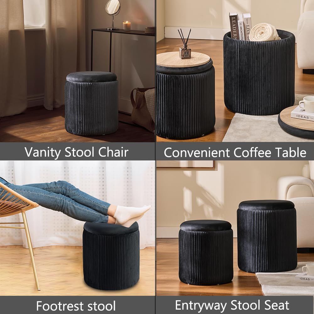 Round Set of 2 Ottoman with Storage-Upholstered Velvet Vanity Stool for Makeup Multifunctional Ottomans Coffee Table Padded Seat Foot Rest for Living Room&Bedroom (Black)