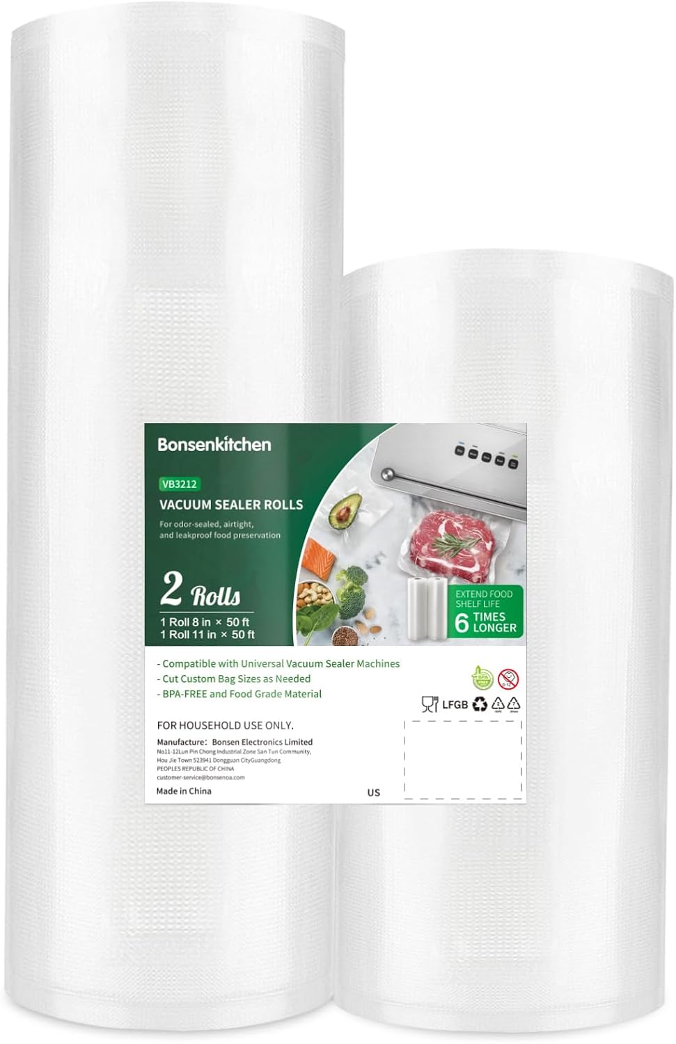 Bonsenkitchen Vacuum Food Sealer Rolls Bags, 8" x 50' & 11" x 50' Commercial Grade BPA Free Bag Rolls, Durable Customized Size Food Vac Bags for Storage and Sous Vide Cooking VB3212
