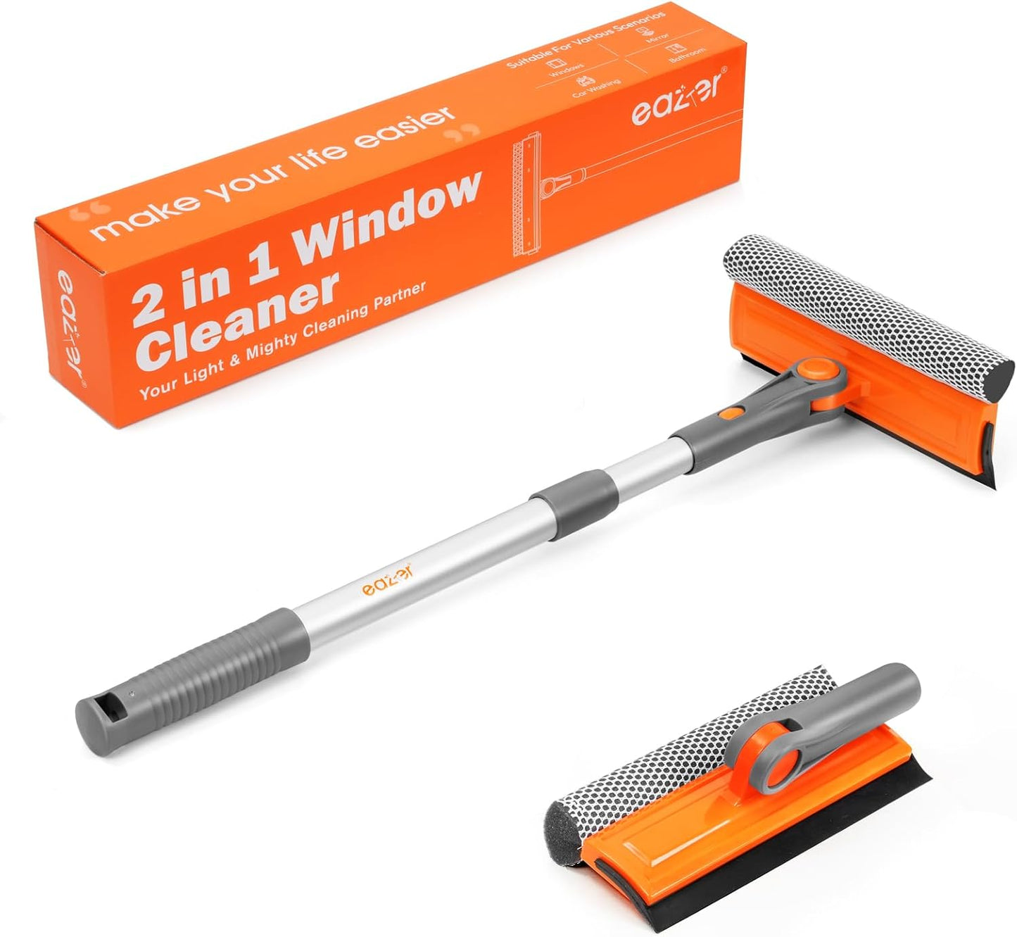 eazer Professional Window Squeegee, 2-in-1 Rotatable Squeegee for Window Cleaning Kit, Window Cleaner Tool, Window Washing Equipment Kit with Extension Pole (20''-30'') for Shower/Windshield - 2 Head