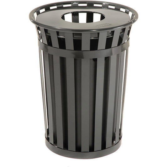 Global Industrial 36 Gallon Outdoor Slatted Steel Round Trash Can with Flat Lid, Plastic Liner & Anchor Kit Included, 28" W x 36" H, Commercial & Industrial Trash Can, Black