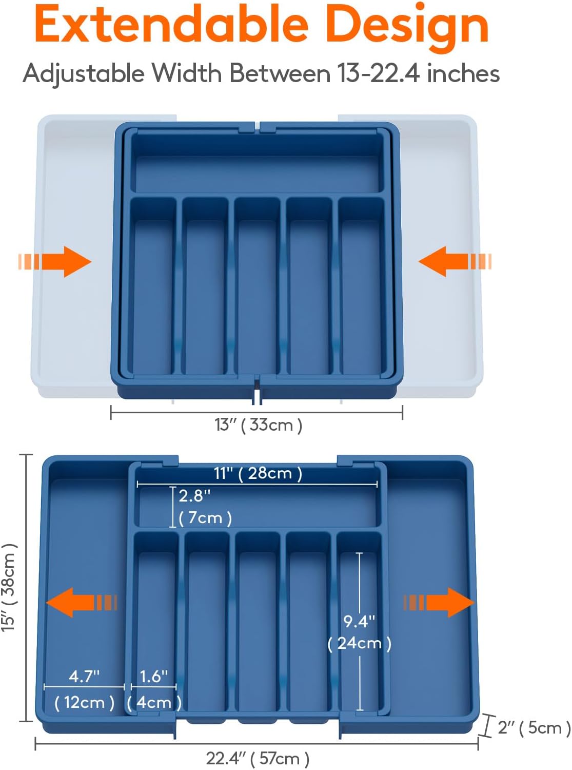 Lifewit Silverware Drawer Organizer, Expandable Utensil Tray for Kitchen, BPA Free Flatware and Cutlery Holder, Adjustable Plastic Storage for Spoons Forks Knives, Large, Dark Blue
