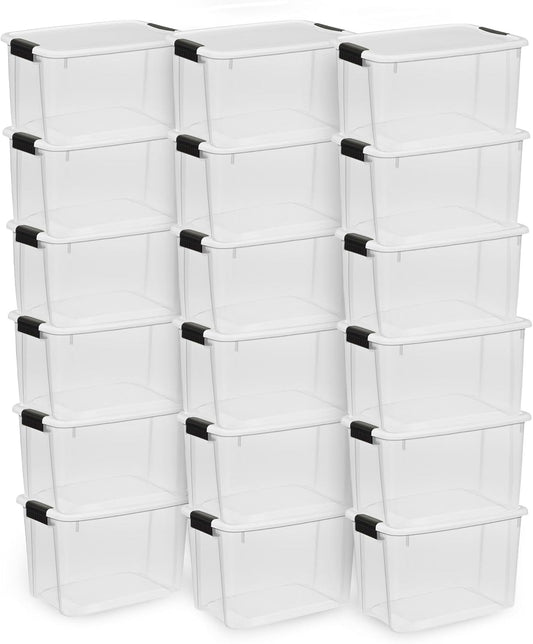 Sterilite 18-Pack Ultra Latching Box, Storage Bins with Lids, Clear Plastic, 30 Quart - Heavy-Duty Organizing Containers for Closet, Bathroom, and Office