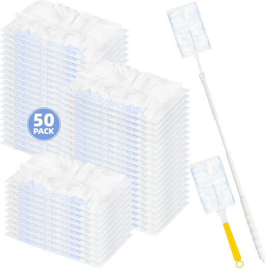 52 Count Disposable Duster Refills for Cleaning, 180° Dusters Refills Compatible with Swiffer (Blue, 50 Count Dust Removal Brushes + 1 Standard Handle + 1 Extended Handle)