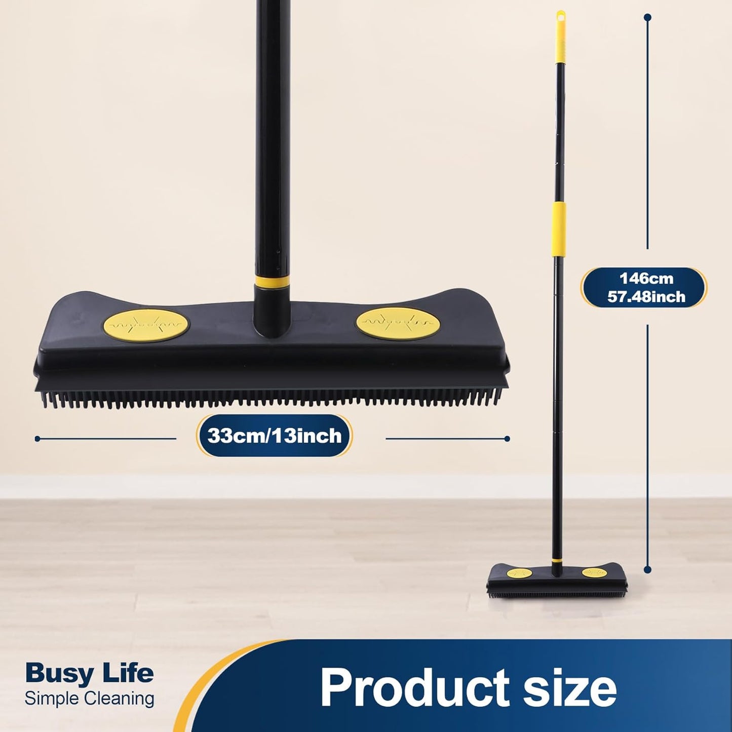 Yocada Pet Hair Removal Rubber Broom 2 in 1 Floor Brush with Squeegee Carpet Rake 57.5" Long Handle Fur Broom for Carpet Hardwood Floor Tile