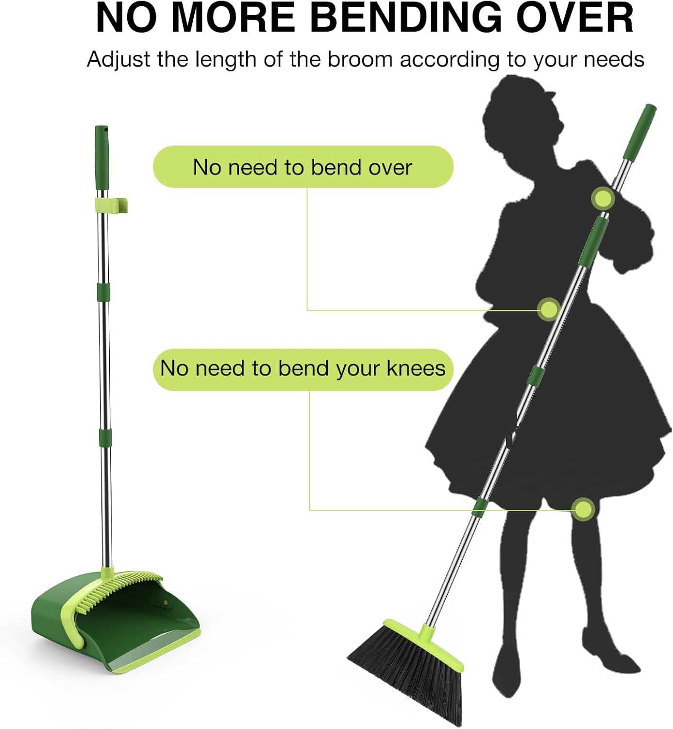 Broom and Dustpan Set, 52-in Long Adjustable Handle Broom Dustpan Combo with Dust pan Teeth to Automatically Clean Hair Suitable for Home Kitchen Office Hall Floor (Green), 4 Pack