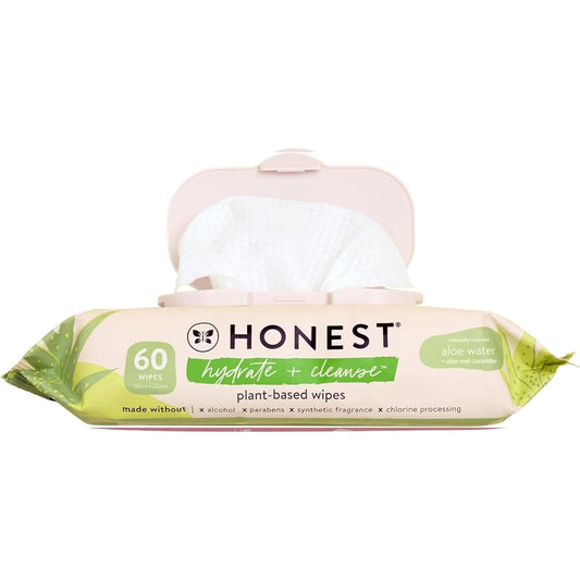 The Honest Company Hydrate and Cleanse Naturally Scented Wipes Cleansing Multi-Tasking Wipes 99% Water Plant Based Hypoallergenic Aloe and Cucumber 60 Count