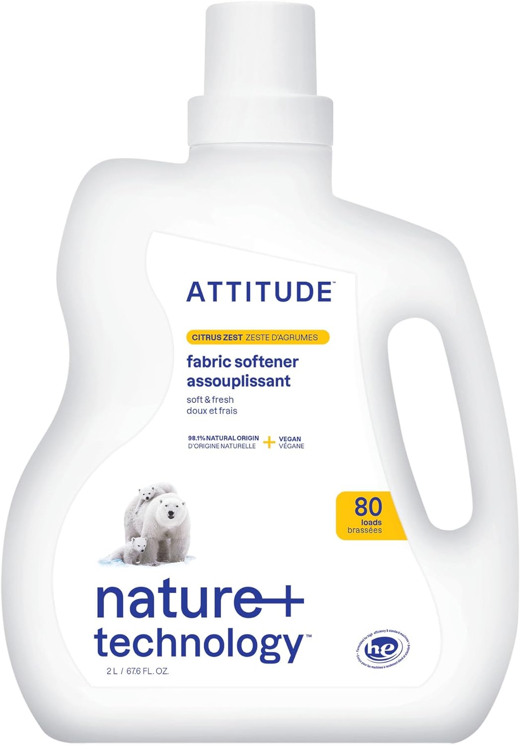 ATTITUDE Liquid Fabric Softener, Plant-Based & Vegan, HE Compatible, Naturally Derived, Citrus Zest Scent, 80 Loads, 67.6 Fl Oz