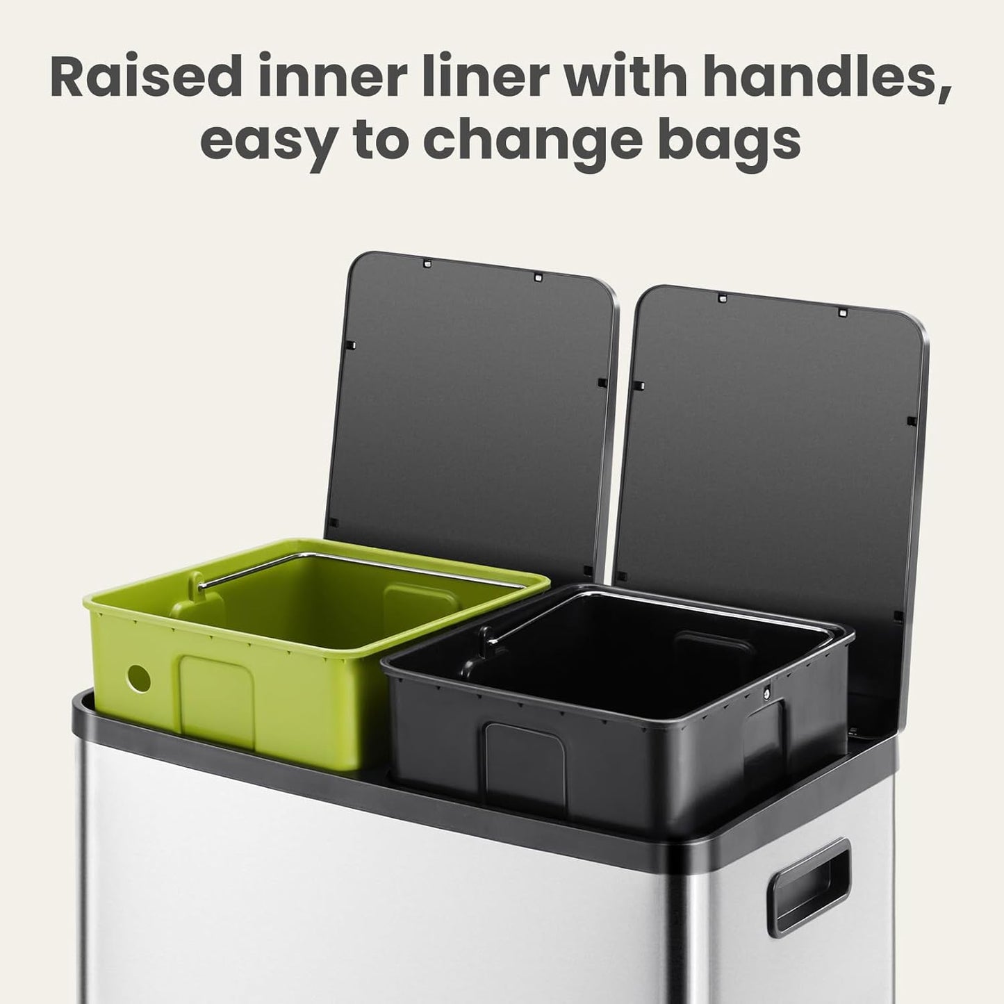 DUMOS Kitchen Trash Can, 2×8-Gallon Garbage Can with Lid, Stainless Steel Trash Bin with 2 Removable Inner Buckets, Soft-Close Foot Pedal, Fingerprint-Resistant for Kitchen Home Office