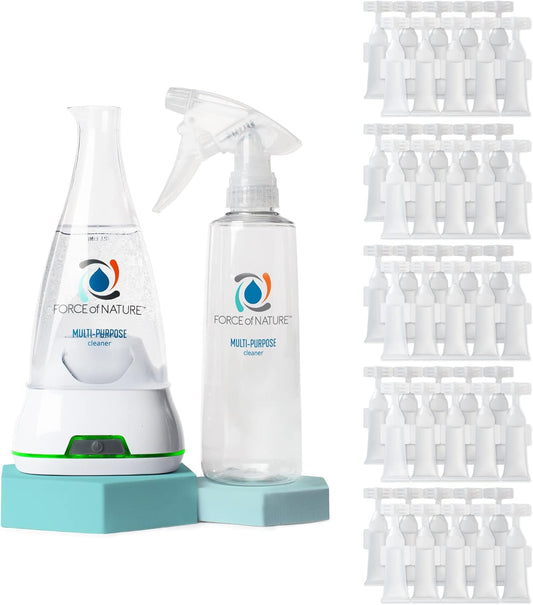 Force of Nature Multi-Purpose Cleaner, Disinfectant & Deodorizer Year Supply Bundle - Reusable Bottle, 50 Refills - EPA Registered, Toxin-Free, All-Purpose Natural Cleaning Supplies