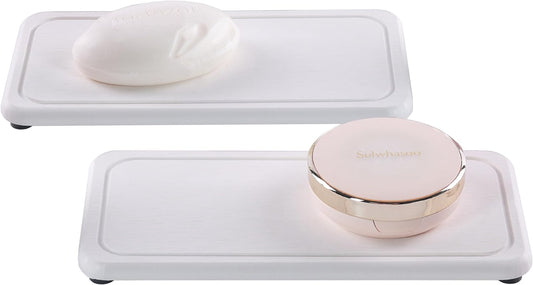2 Pcs Water Absorbing Stone Trays, Kitchen/Bathroom Sink Soap Dish, Diatomite Tray Used for Hand Soap & Cosmetic Bottles in The Modern Home, 4" W x 8.3" L, White