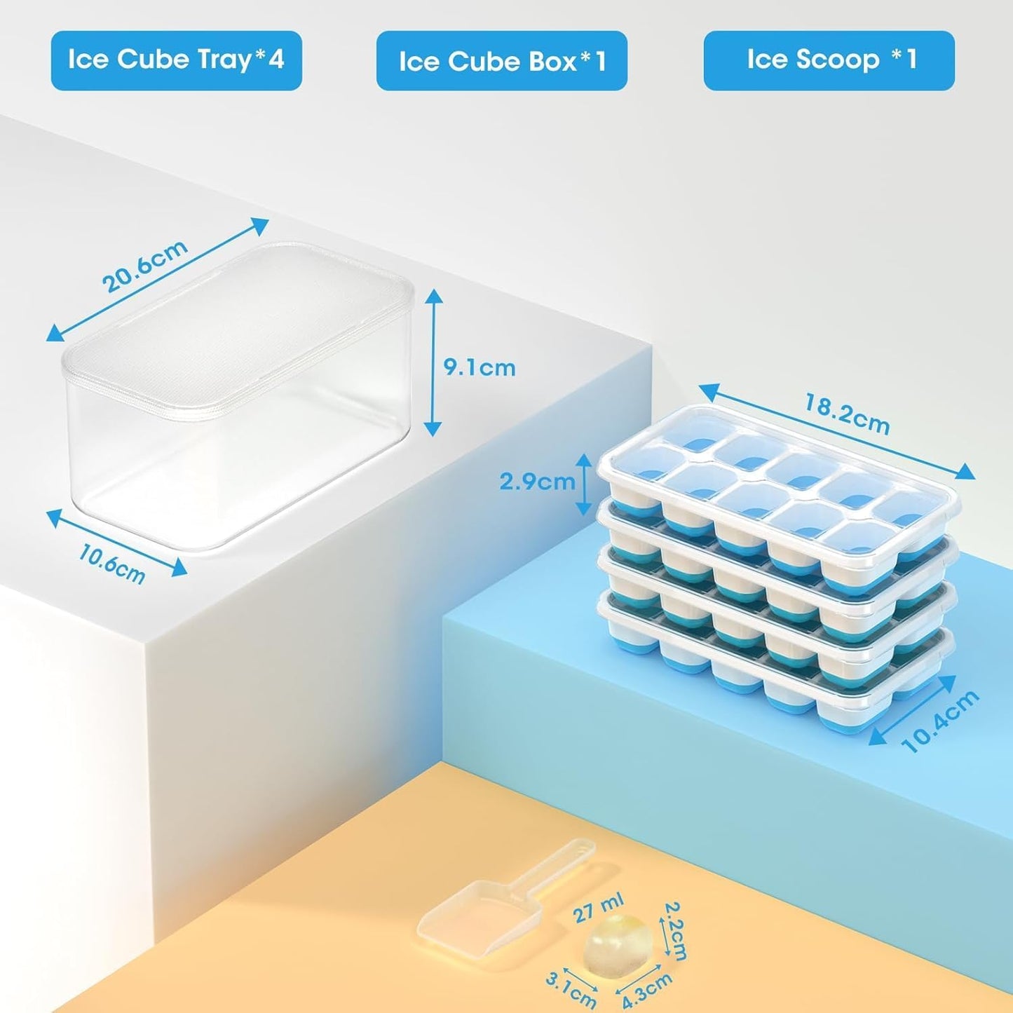 DOQAUS Ice Cube Tray with Lid and Bin, 4 Pack Silicone Plastic Ice Cubes Trays for Freezer with Box/Container, Stackable with Storage Iced Bucket Kits, Scoop, for RV, Soup, Food, Cocktail, Coffee