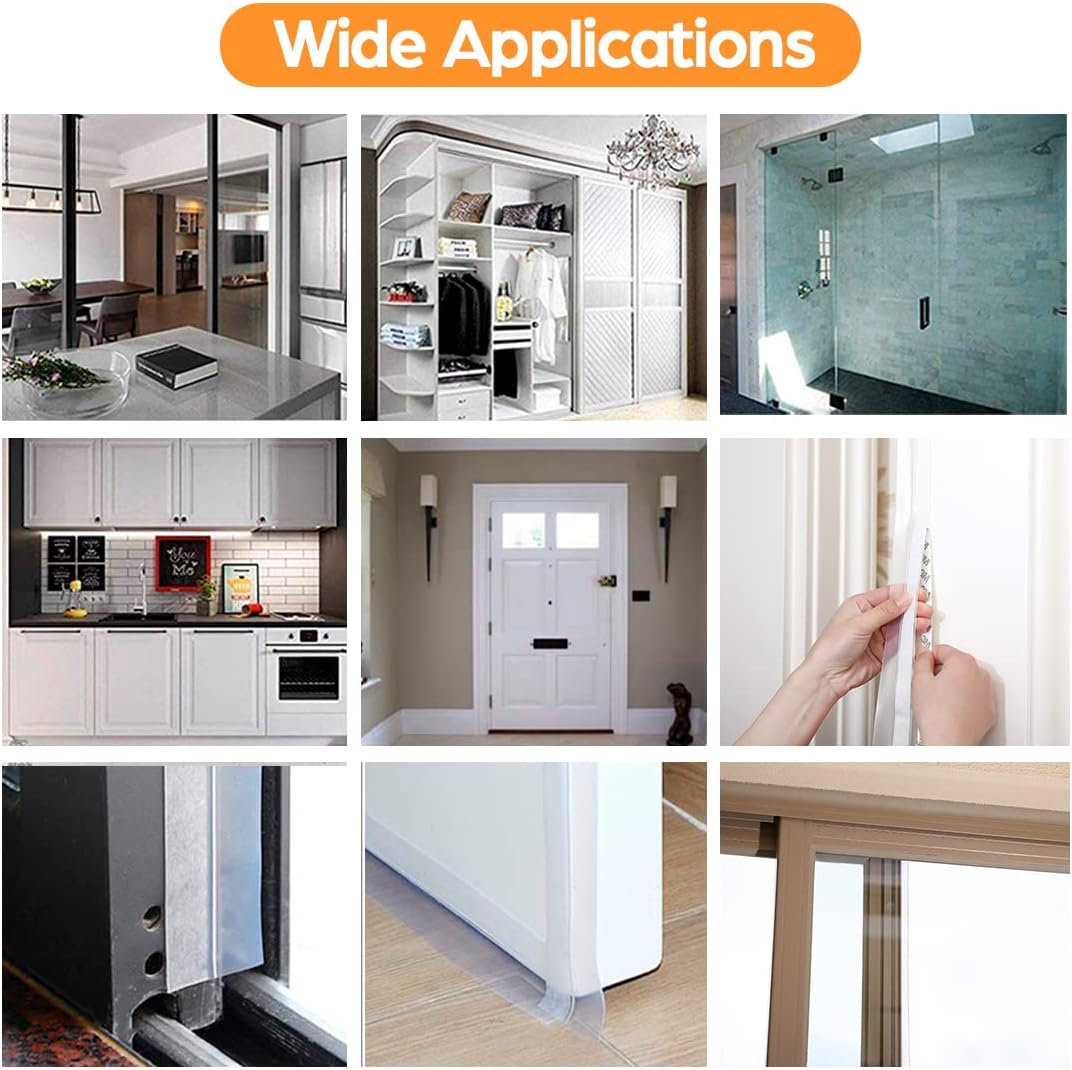 28.9 Ft Weather Stripping Door Seal Strip Tape,Silicone Door Draft Stopper,Self Adhesive Shower Door Bottom Seal, Insulation Strip for Door Frame Windows and Glass Gaps (Transparent, 35mm)