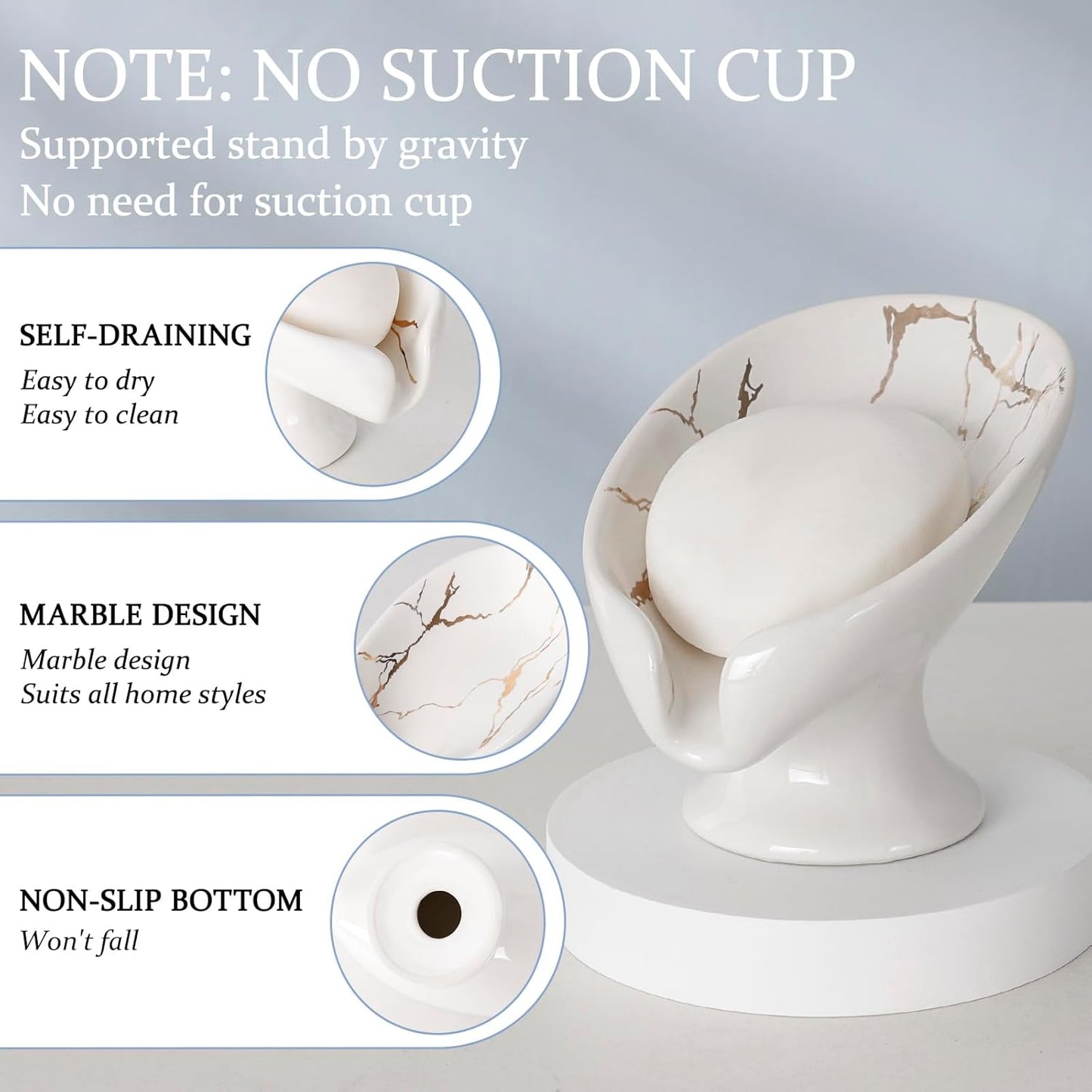 Soap Dish, Soap Holder Self Draining Leaf Shape Soap Dishes, Ceramic Drain Soap Dish for Sink Bathroom Shower Kitchen, Easy to Clean Keeps Soap Dry, Cream White & Gold Marble Pattern, ANTIS'S HOME