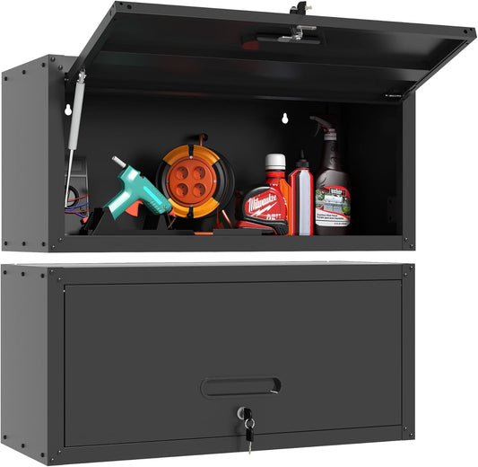 Garage Wall Cabinet with Flip-Up Door, Lockable Metal Storage Cabinet Wall Mounted, Hanging Tool Cabinet for Garage Basement Utility Room, Black