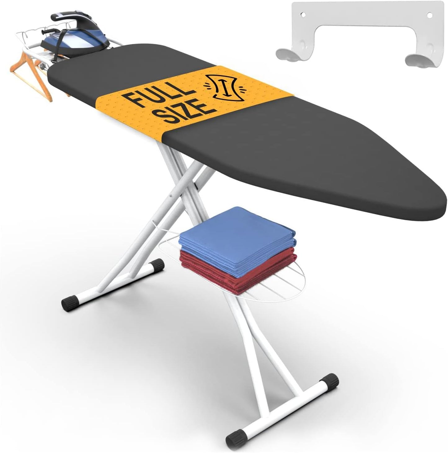 Xabitat Full Size Ironing Board 57" X 15" with Wall Mount Hanger, Full Metal Construction Iron Board, Built in Iron Caddy, Heat & Scorch Resistant Fabric, Cord Holder, Anti-Skid Feet, Heavy Duty