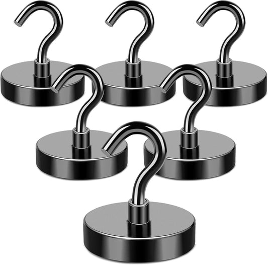 MIKEDE Magnetic Hooks Heavy Duty, 150LB+ Strong Black Magnets Hooks for Refrigerator, Rare Earth Neodymium Hooks with Epoxy Coating, Cruise Magnets with Hook for Hanging, Garage - 6 Pack