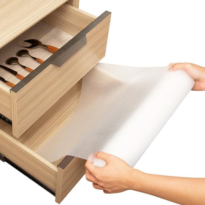 Shelf Liner Drawer Liner for Kitchen Cabinets Non-Adhesive by Linda’s Essentials (17.7 x 240 Inches) - Non-Slip Easy Clean Kitchen Cabinet and Cupboard Protector, Waterproof Mat, Clear Roll