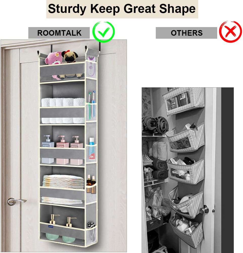 Over The Door Organizer 5-Shelves and 10 Side Pockets, Over The Door Storage for Bathroom Bedroom Nursery, Hanging Door Organizer for Baby Diapers and Kids Toys (13"x5"x44", Grey)