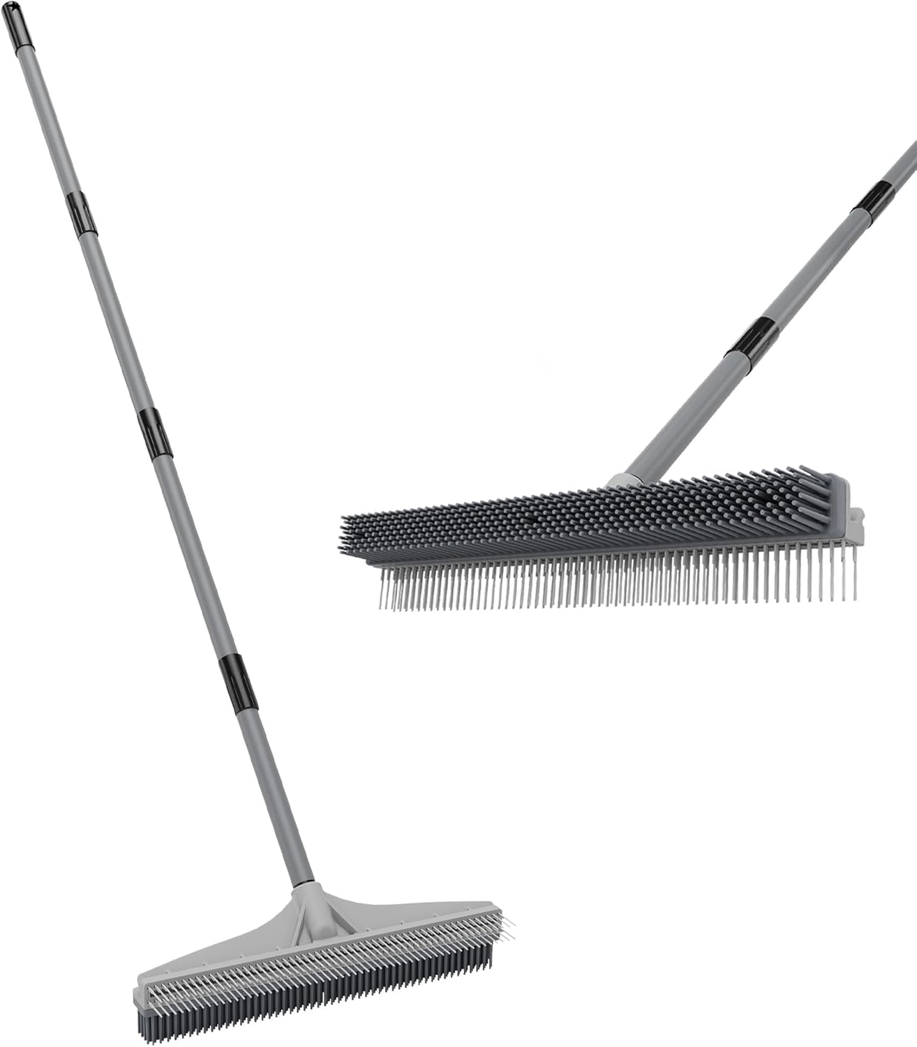 Walensee Carpet Rake for Pet Hair Removal, 61" Carpet Hair Cleaning Tool with Adjustable Long Handle, 2-in-1 Rubber Broom and Nylon Carpet Brush for Fur Rug, Stairs and Mats - Washable, Durable