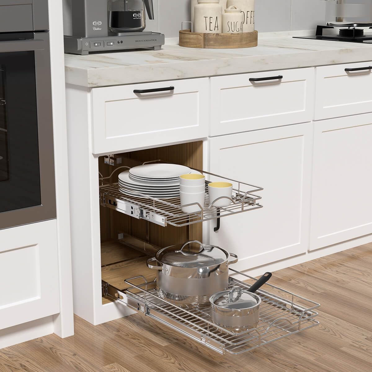 OCG 2 Tier Pull Out Cabinet Organizer (12.5" W x 18" D), Pull Out Drawers for Kitchen Cabinets, Pull Out Shelves for Base Cabinet Organization in Kitchen Bathroom Pantry, Chrome Finish