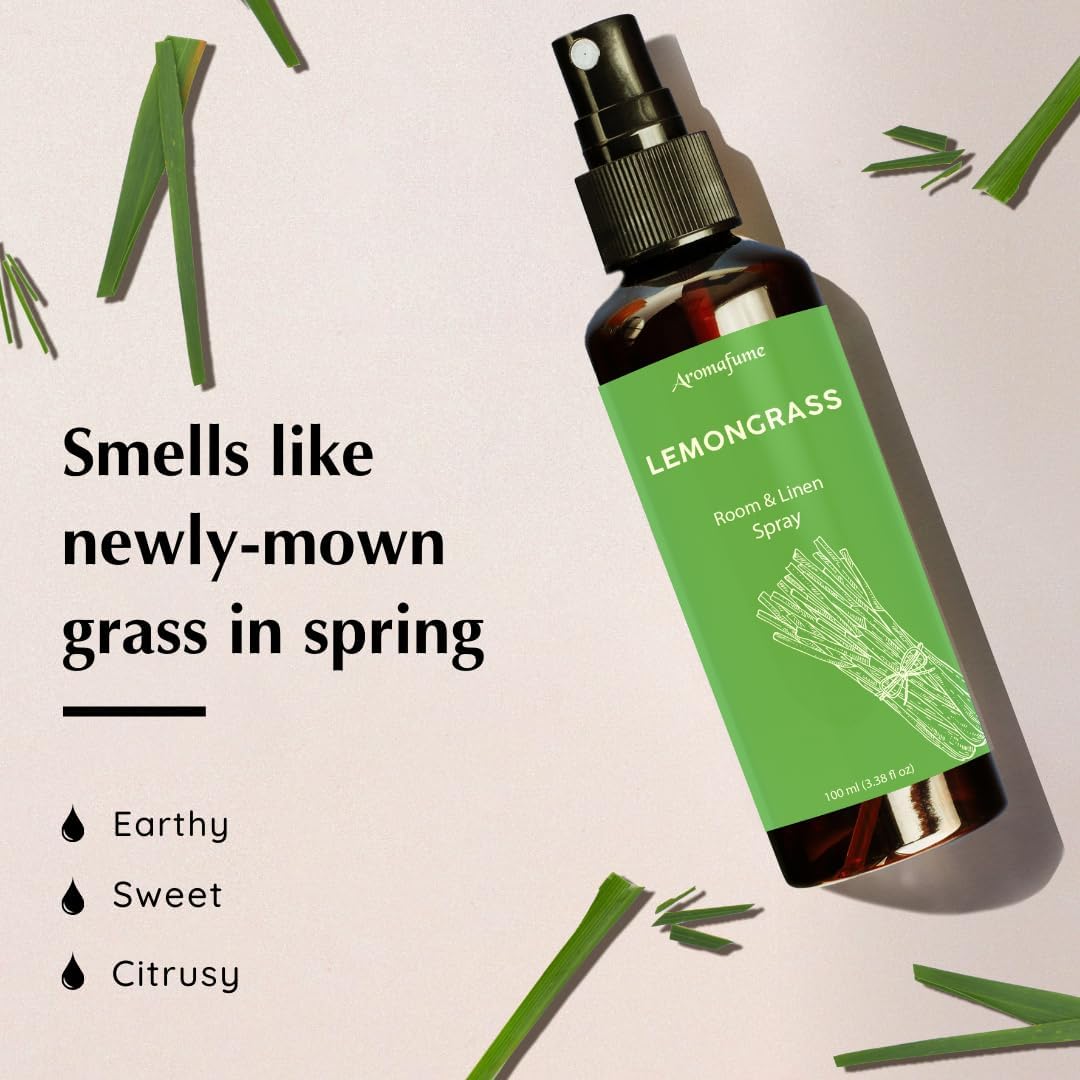 Lemongrass Room Linen & Pillow Spray by Aromafume | 100ml/3.38 fl oz | with Pure Lemongrass Essential Oil | Aromatherapy Spray for Relaxation, Sleep & Stress Relief | Mist for Bedding, Fabrics