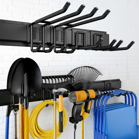 32 Inches Garage Storage, Garage Organization, Wall Mount Garden Tool Organizer, Max 300lbs Adjustable Metal Hooks, Yard Shed Hanging Rack, Heavy Duty Shelving for Rake Broom Mop Snowboard