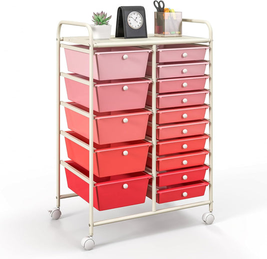 GOFLAME 15-Drawer Rolling Storage Cart, Multipurpose Movable Organizer Cart, Utility Cart for Home, Office, School, Pink