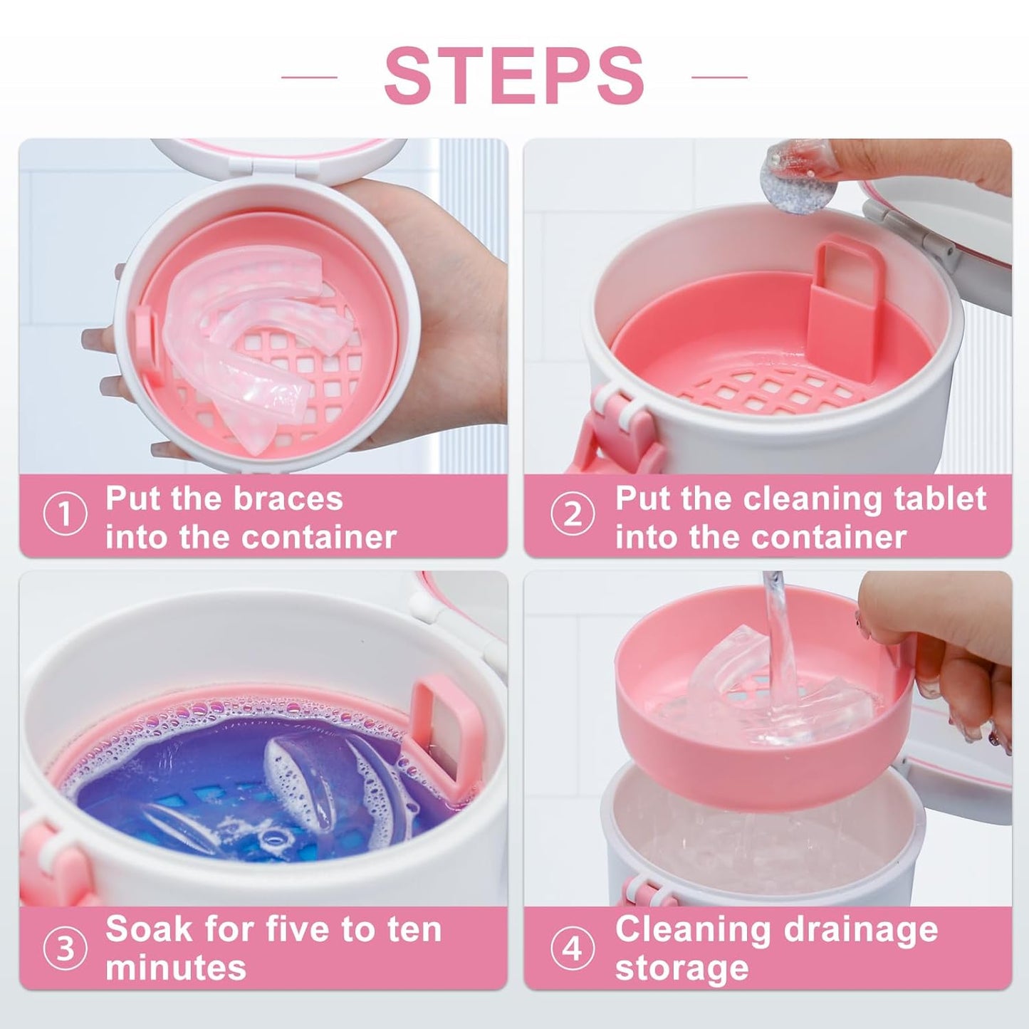 BVN Leak-Proof Denture Bath Cup for Travel, Denture Cup for Soak Dentures, Retainer Cleaning Case with Strainer (White + Pink)