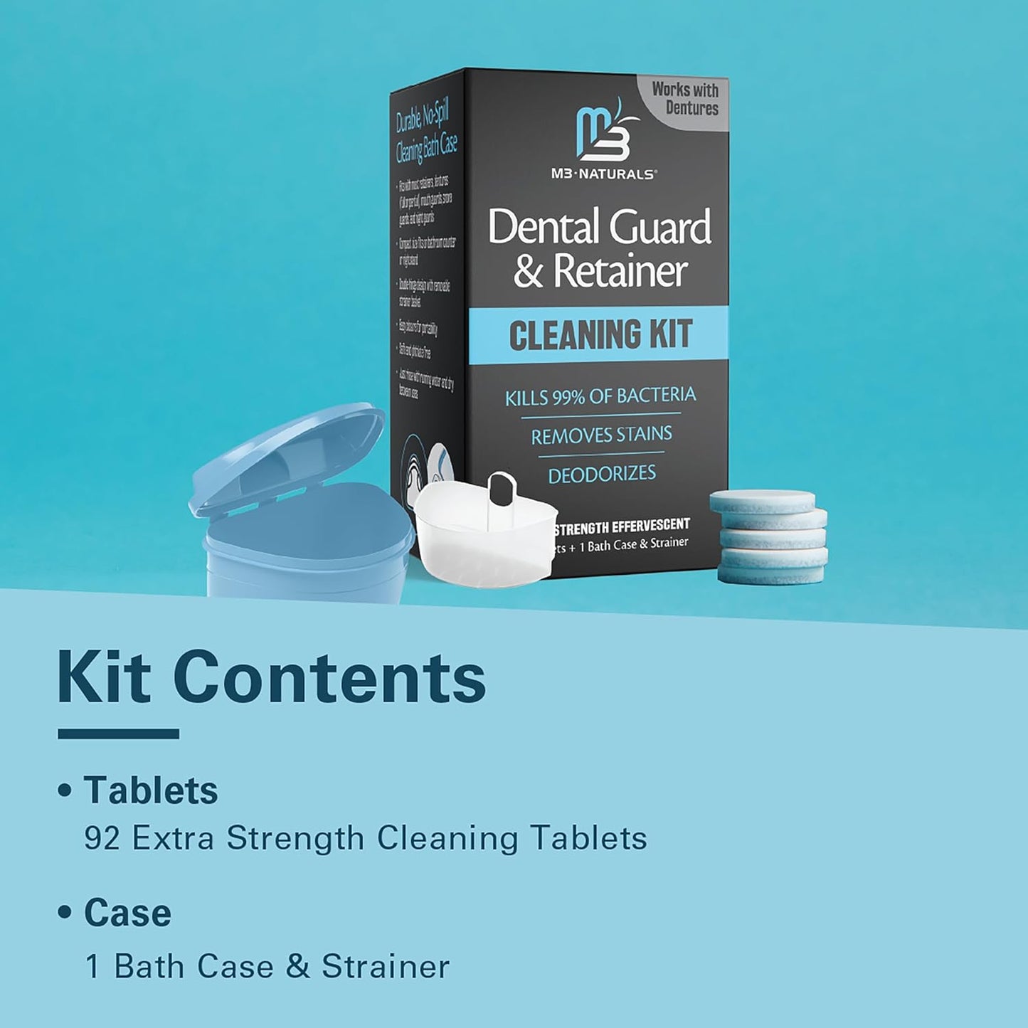 Retainer Cleaner and Soak Container, No-Mess Cleaning Tablets with Universal Denture Bath Case and Strainer, Multipurpose, for Mouth Guard Stains, Odor, and Plaque (92 Tablets + 1 Bath) by M3 Naturals