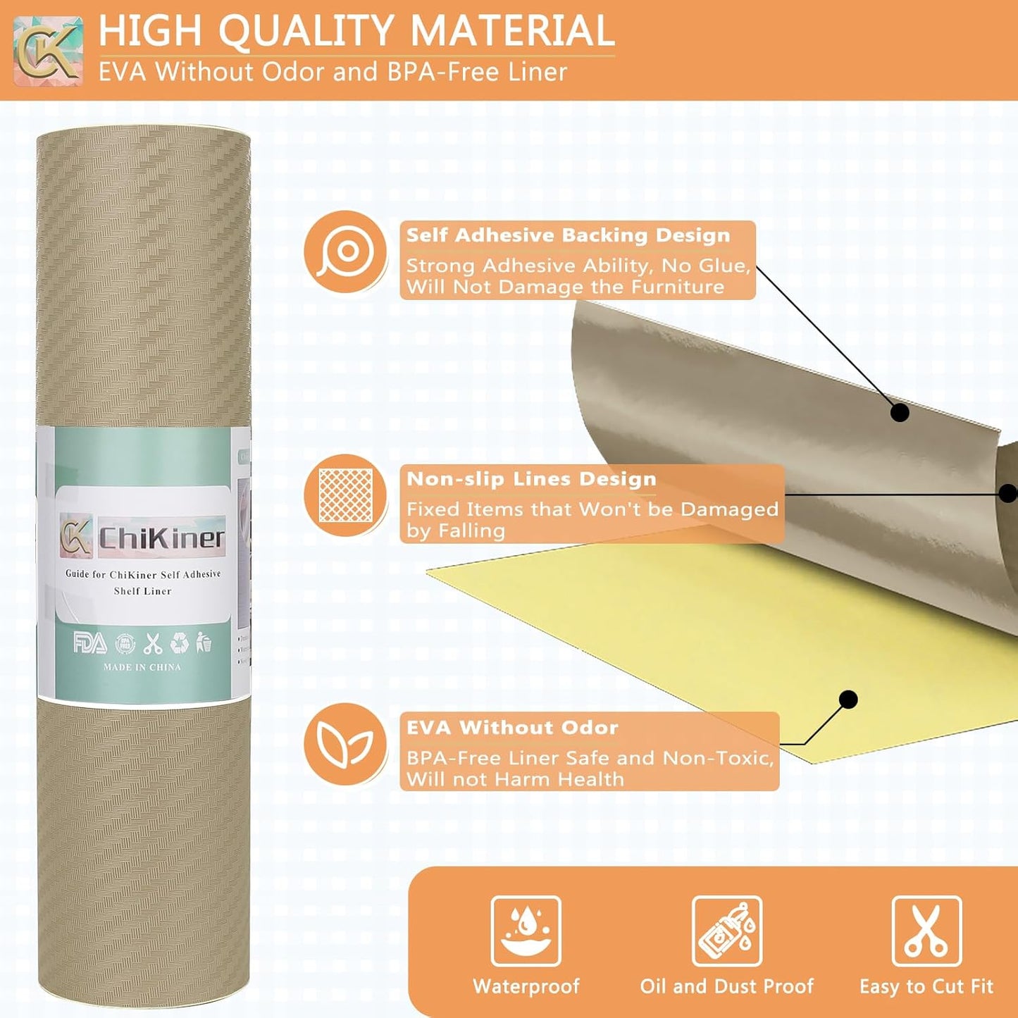 Self-Adhesive Shelf Liner Kitchen Liner, Waterproof Backed Paper Easy Peel and Stick Contact Liner Without Residue for Decor Your Desk Surface, Kitchen Countertops (Dark Khaki, 23.6 x 118.1 inches)