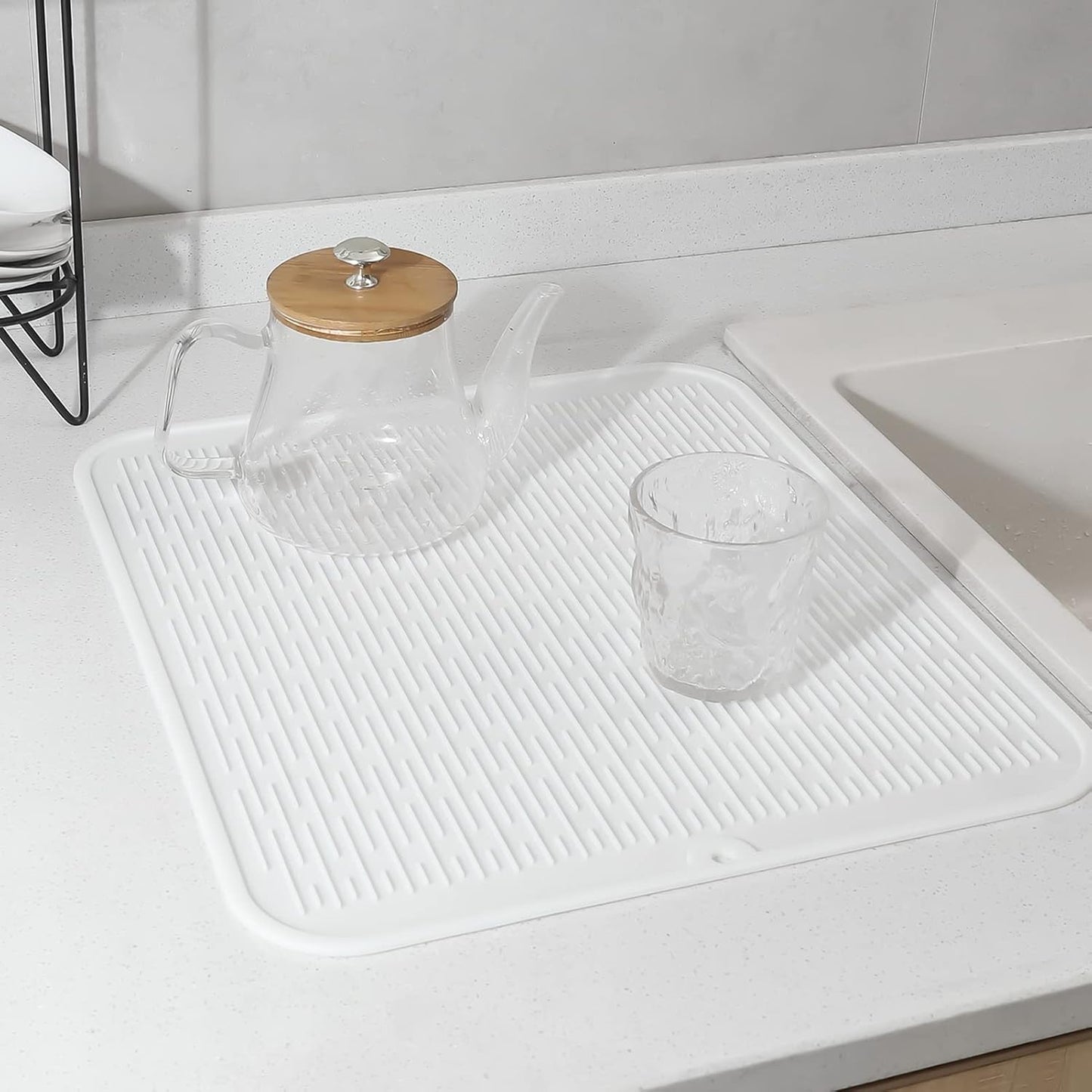 Silicone Dish Drying Mat for Multiple Usage,Easy clean,Eco-friendly,Heat-resistant Silicone Mat for Kitchen Counter or Sink,Refrigerator or Drawer Liner White 2XL 24 inches x 18 inches