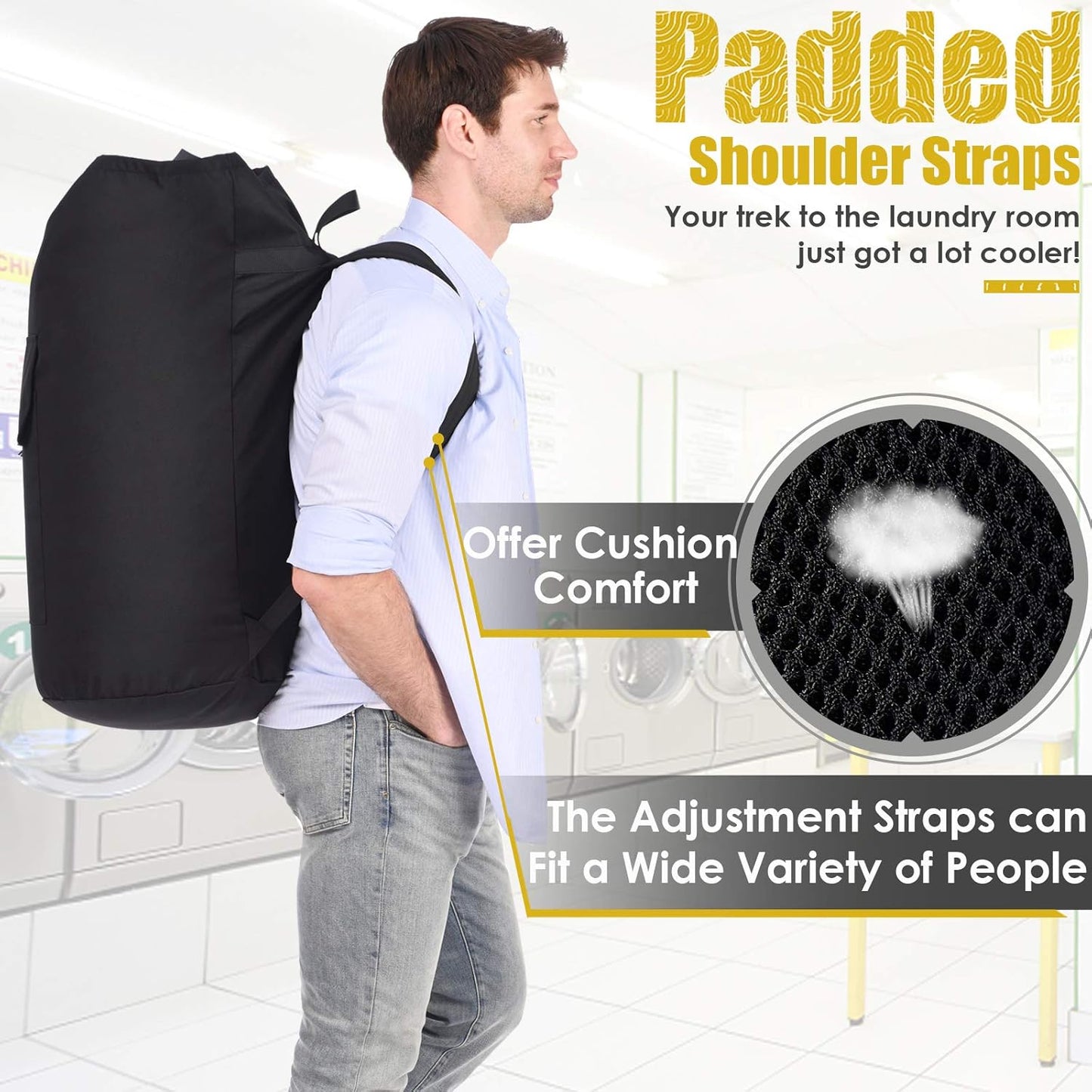 Backpack Laundry Bag, 115L Heavy Duty Extra Large College Laundry Backpack, Dirty Clothes Bag with Shoulder Straps, Laundry Hamper Bag with Drawstring Closure for College Dorm, Apartment, Laundromat
