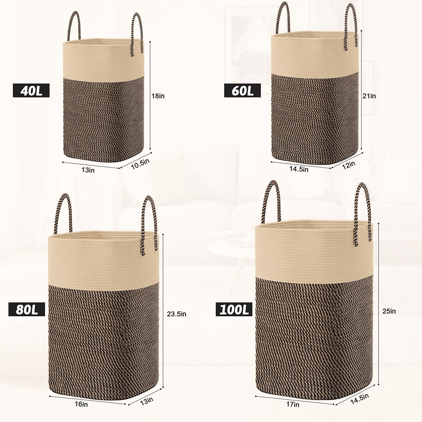 Laundry Basket,Woven Cotton Rope Laundry Hamper,Versatile Storage for Dirty Clothes,Baby Toys,and Blankets in Bathroom, Nursery,and Living Room (Jute, 40L)