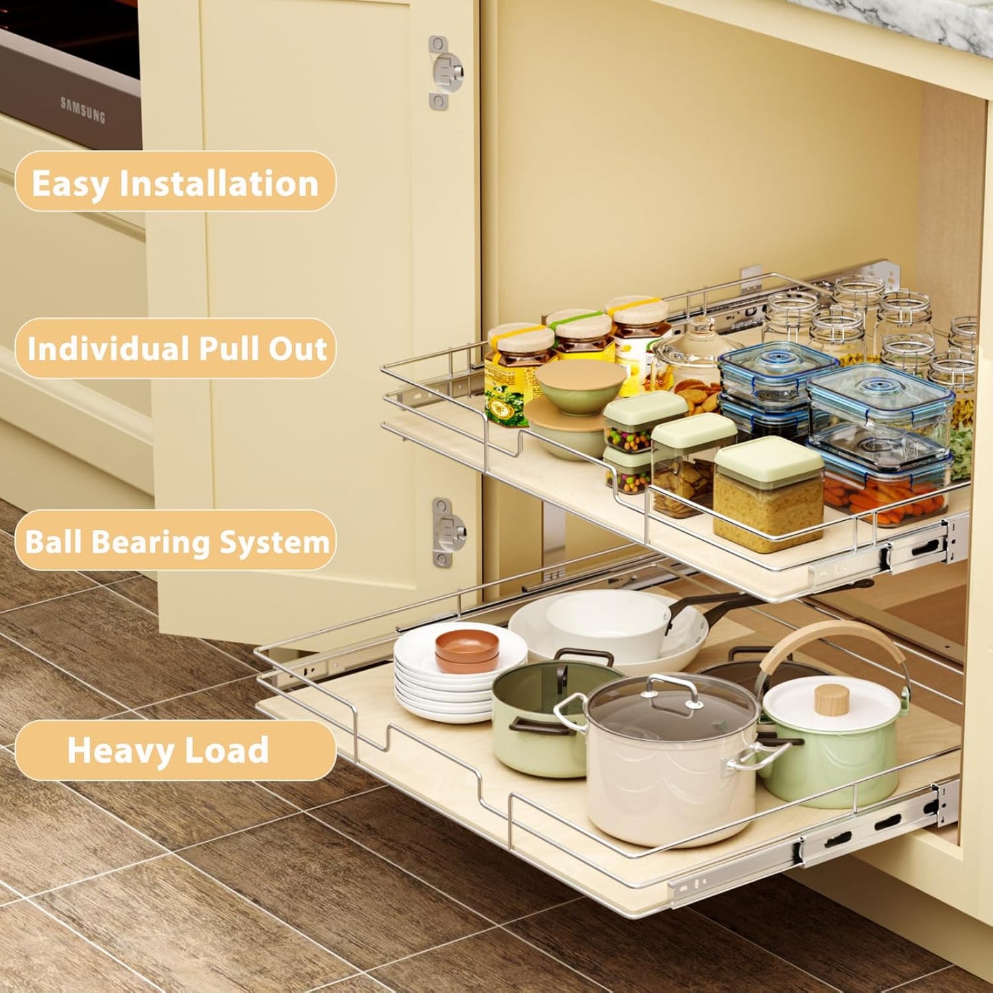 ROOMTEC 2 Tier Individual Pull Out Cabinet Organizer 31½"W x 21½"D, Slide Out Wood Shelves Organizers, Pull Out Drawers Organization and Storage for Kitchen Cabinet