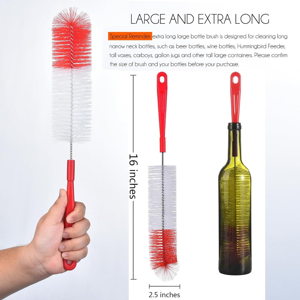 ALINK 3-Pack Long Red Bottle Cleaning Brush for Narrow Neck Beer, Wine, Kombucha, Hydroflask, Thermos, Sport Well, Carafe, Brewing Bottle Cleaner, 16 Inches