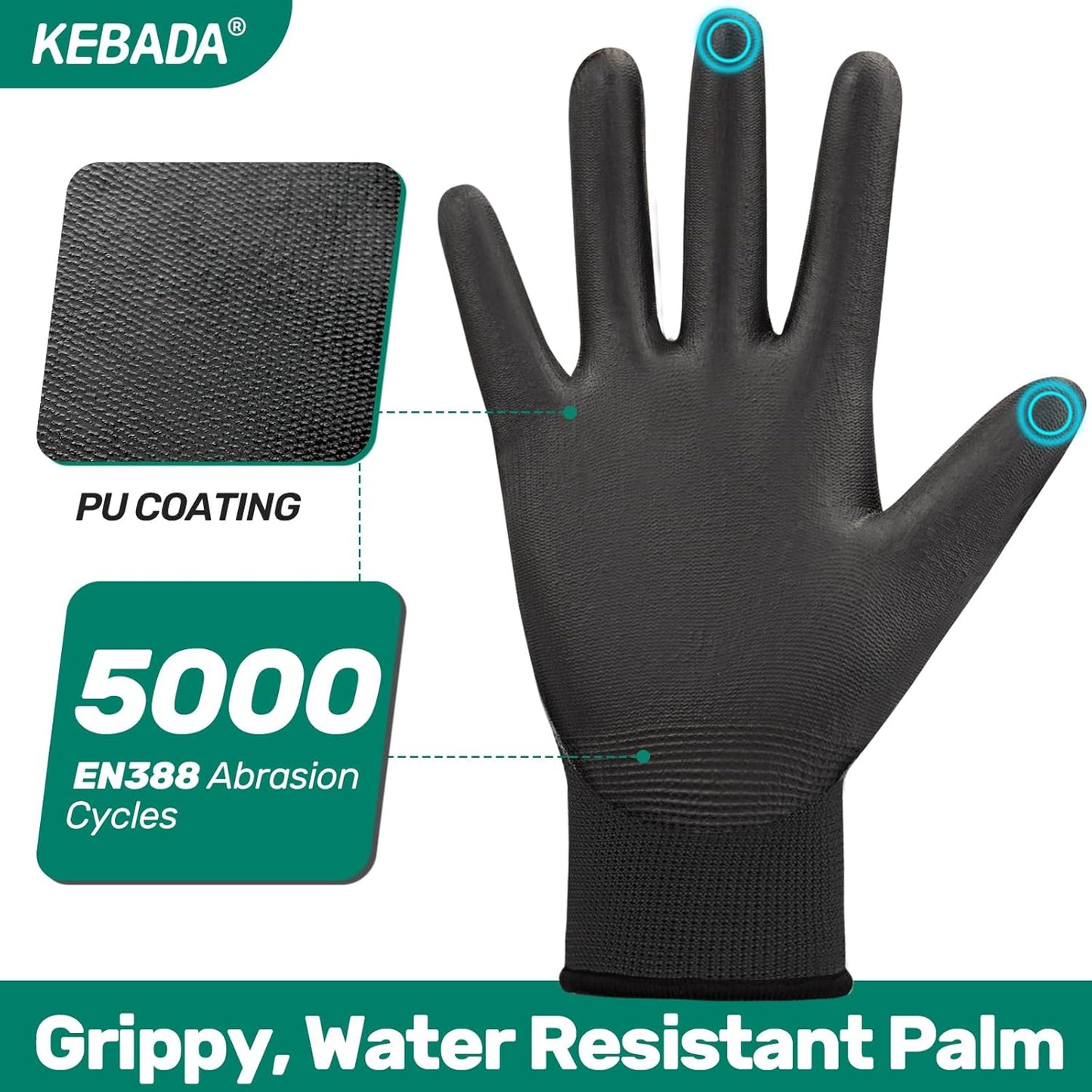 Kebada W1 Work Gloves for Men and Women, PU Coated Safety Gloves with Grip, Touchscreen, Ideal for Warehouse Package Handling, Construction, Gardening, Black XX-Large
