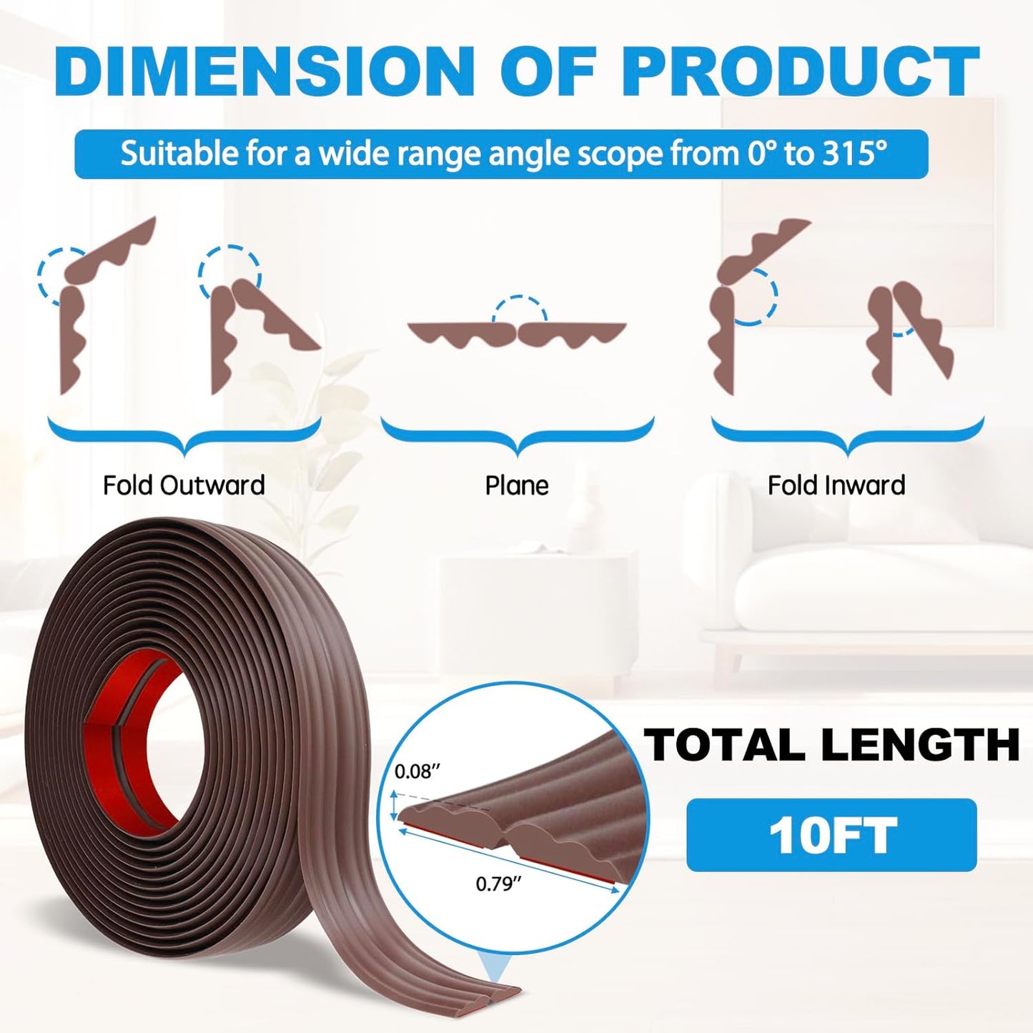 Wall Corner Protector Peel and Stick Corner Trim Molding Flexible Inside & Outside Wall Edge Guard Self Adhesive Moulding Trim for Edge Use, Brown, 0.8” W x 10’ L