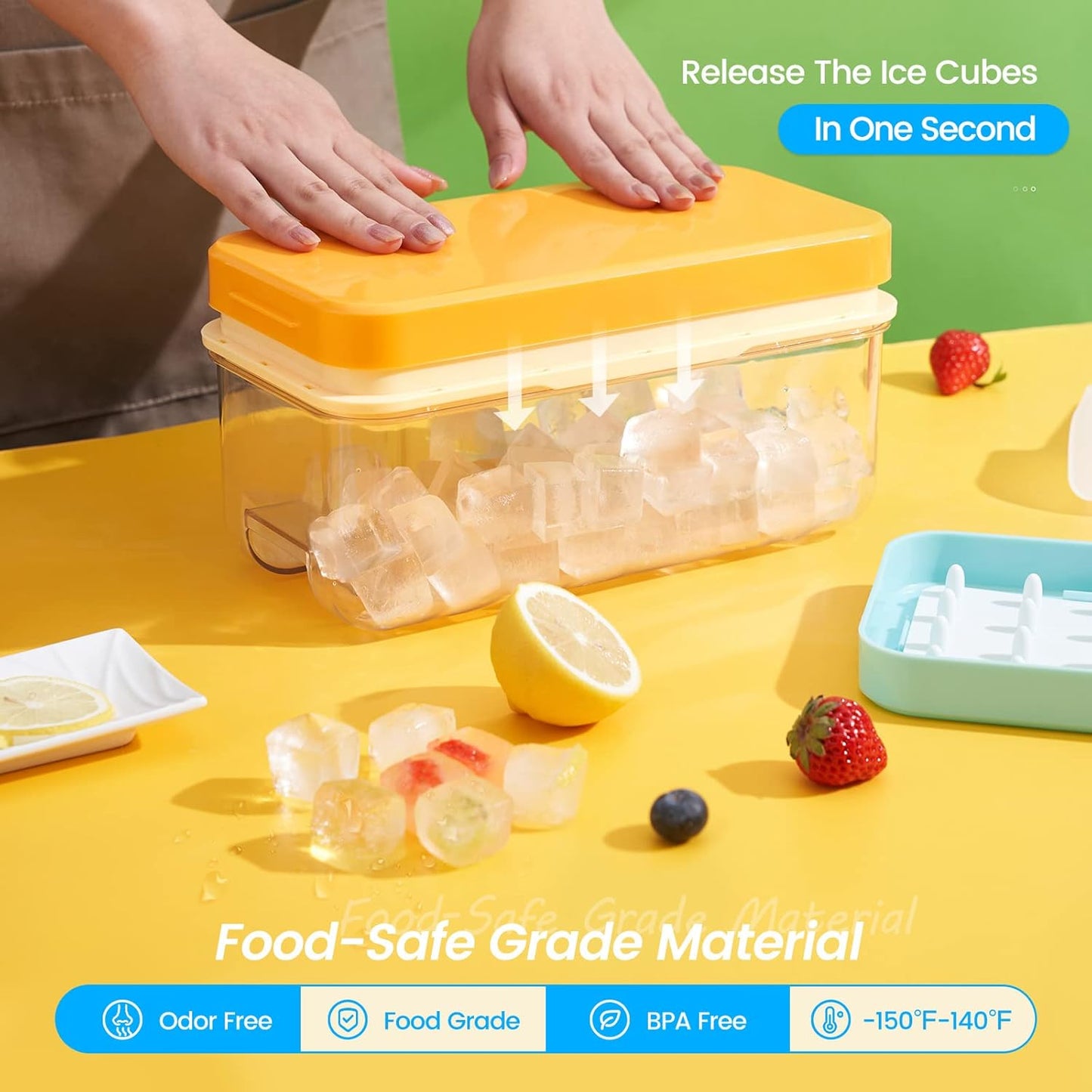 Ice Cube Tray with Lid and Bin, 32 pcs Ice Cubes Molds, Ice Trays for Freezer, Ice Cube Tray Mold, with 1 tray, Ice Freezer Container, Spill-Resistant Removable Lid & Ice Scoop, for Whiskey,Cocktail